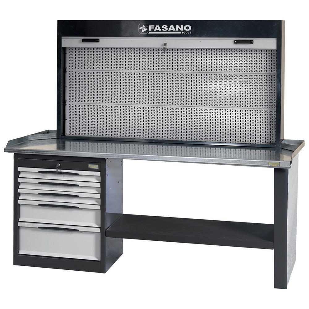 Banco Da Lavoro Con Cassettiera A 5 Cassetti E Griglia Porta Utensili A Tapparella, FG 134/D2