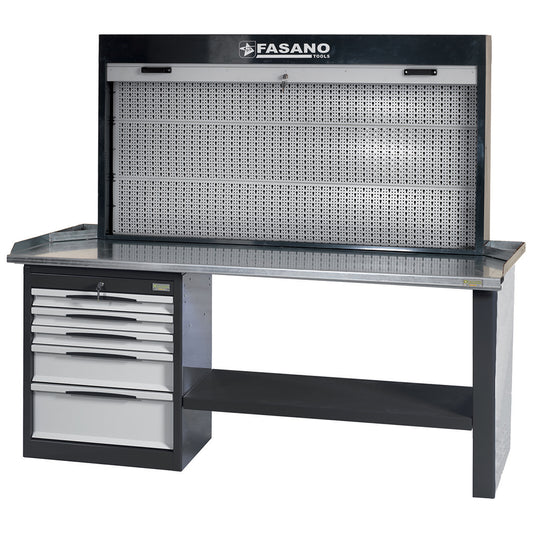 Banco Da Lavoro Con Cassettiera A 5 Cassetti E Griglia Porta Utensili A Tapparella, FG 134/D2
