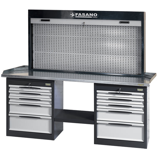 Banco Da Lavoro Con 2 Cassettiere A 5 Cassetti E Griglia Porta Utensili A Tapparella, FG 135/D2